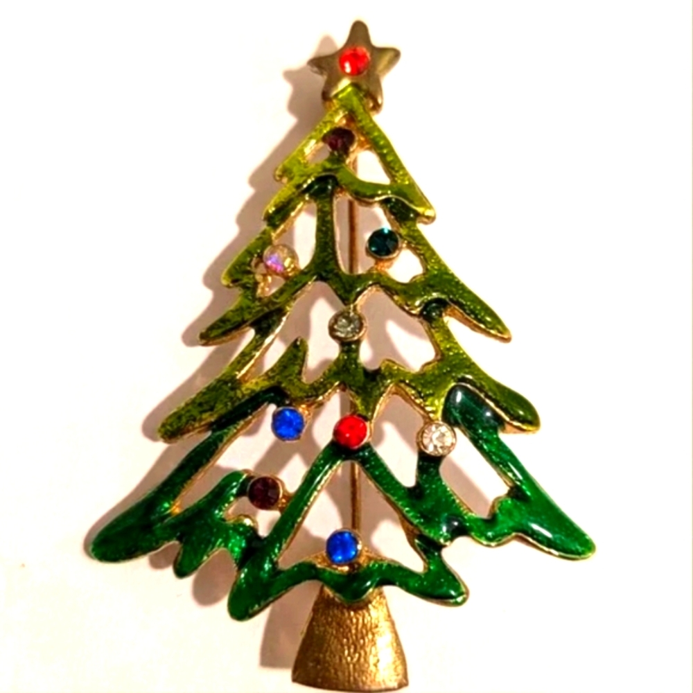 Vintage 1960s Enamel Rhinestone Open  Christmas Tree  Pin Brooch